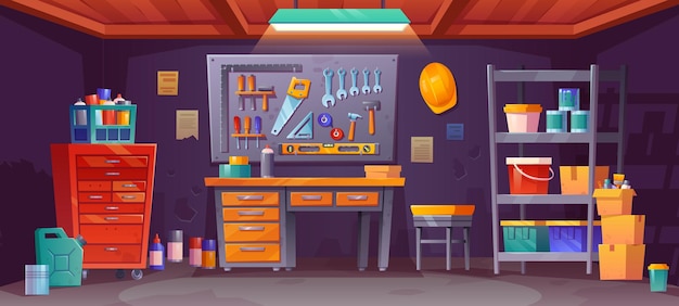 Бесплатное векторное изображение Интерьер ночной мастерской в гараже