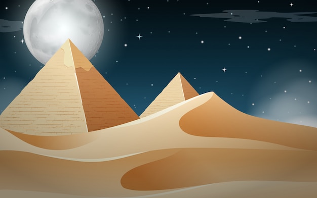 Nightime pyramid desert scene