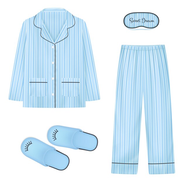 Nightwear realistic set in blue color with  slippers eye patch for sleep and pajamas isolated  illustration