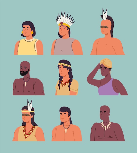 Девять персонажей аборигенов Premium векторы