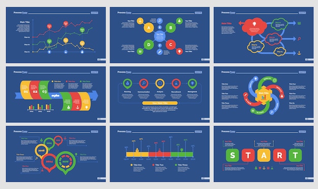 Vettore gratuito set di sette modelli di diapositive di analytics