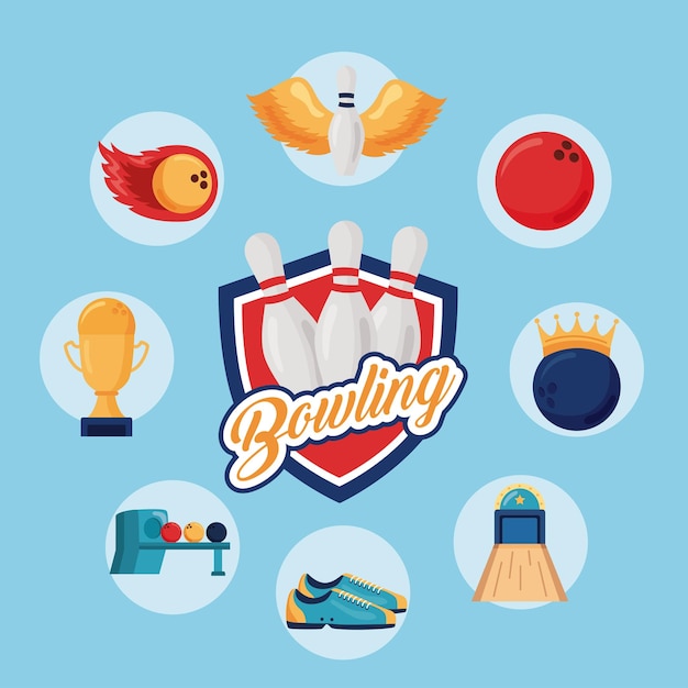 Nine bowling sport set icons