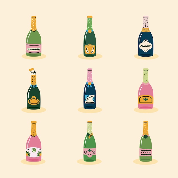 Free vector nine champagne drinks set bottles