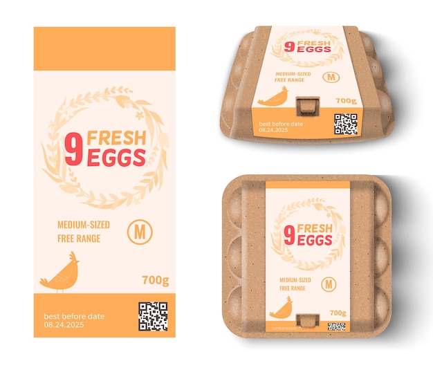 Nove uova di gallina pacchetto di cartone mockup e modello di etichetta isolato su sfondo bianco illustrazione vettoriale realistica