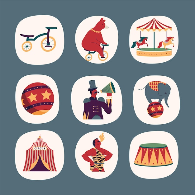 Nove icone del set di spettacoli circensi