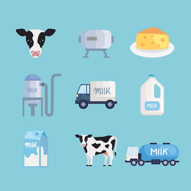 Vettore gratuito nove icone di prodotti lattiero-caseari