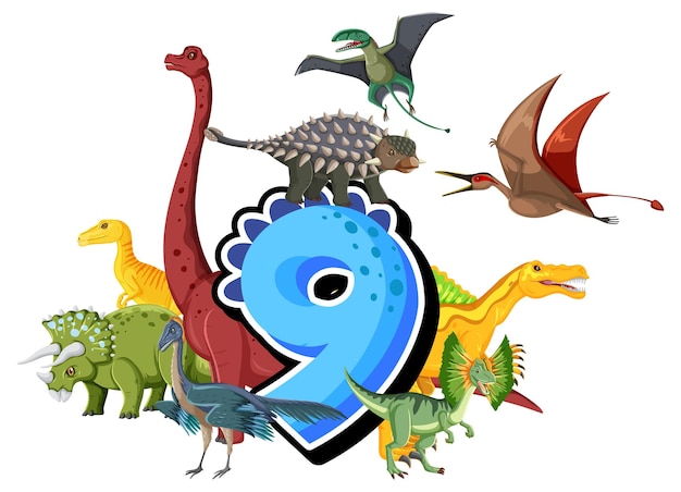 Free vector nine dinosaurs with number nine cartoon