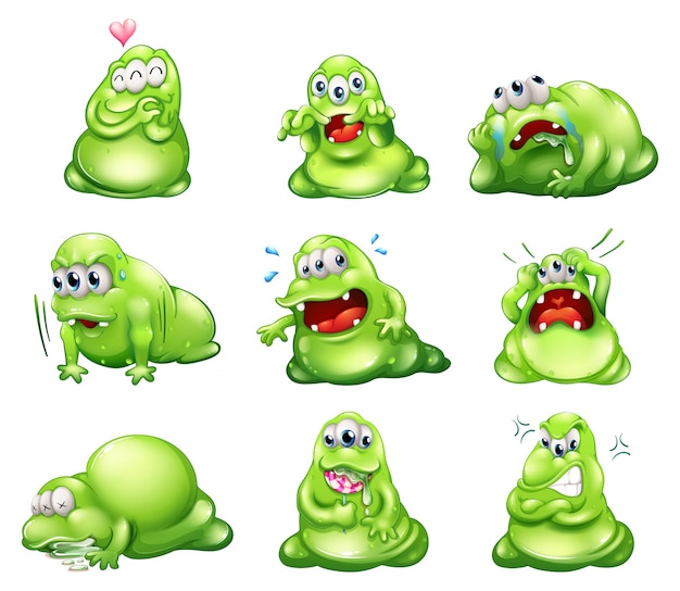 Nine green monsters engaging in different activities