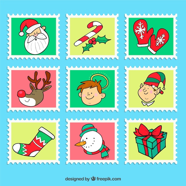 Free vector nine hand drawn christmas stamps