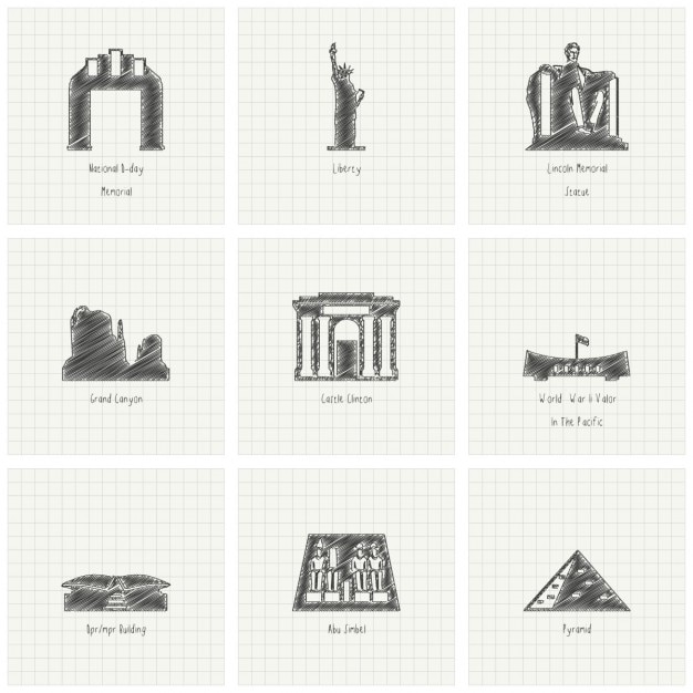 Free vector nine hand drawn monuments