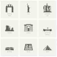 Free vector nine hand drawn monuments