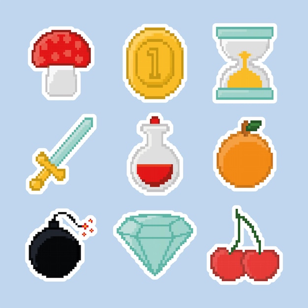 Nine pixelated items