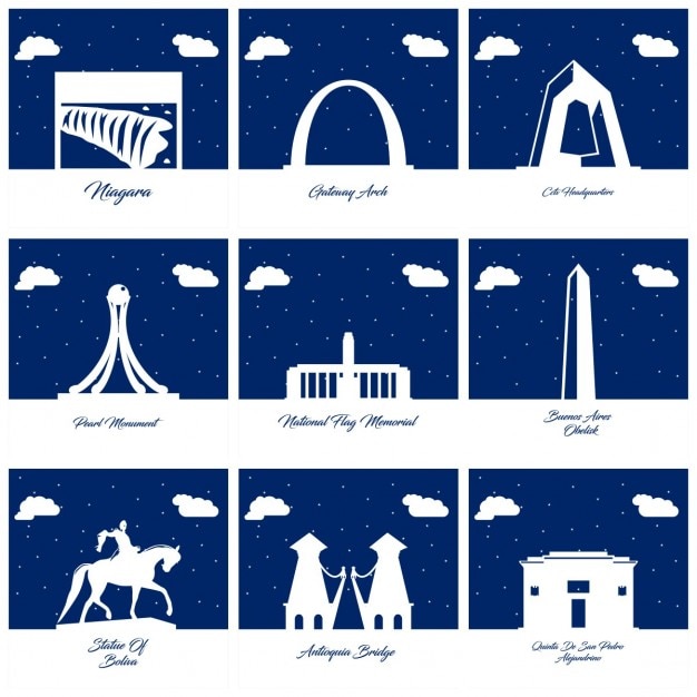 Free vector nine silhouettes of monuments