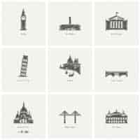 Free vector nine sketches of monuments