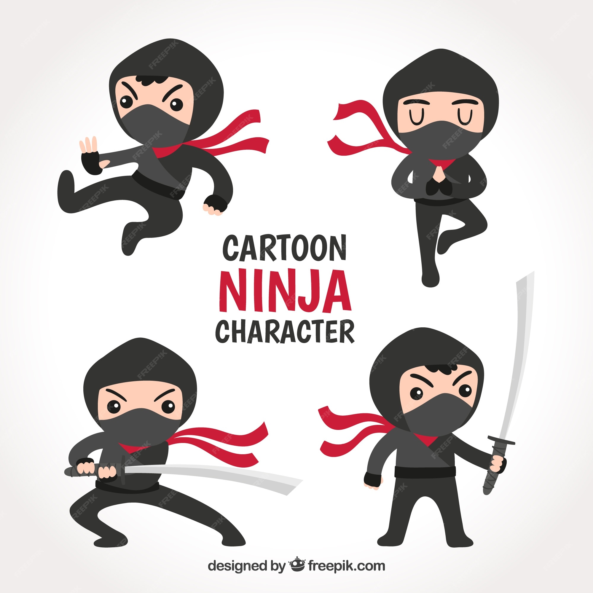 Ninja Cartoon Character in Various Poses Set 7619514 Vector Art at