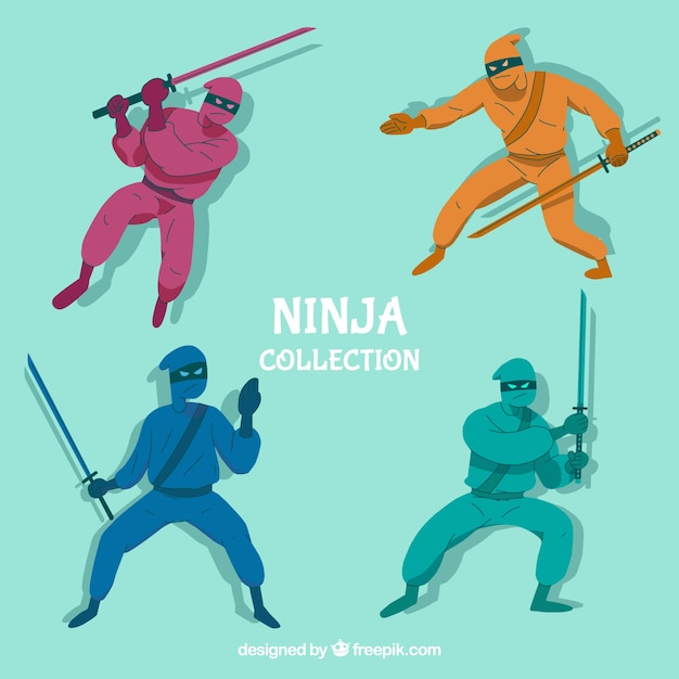 Vettore gratuito collezione di personaggi ninja in diversi colori