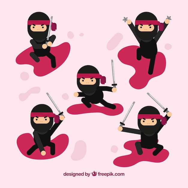 Vettore gratuito personaggio ninja in diverse pose