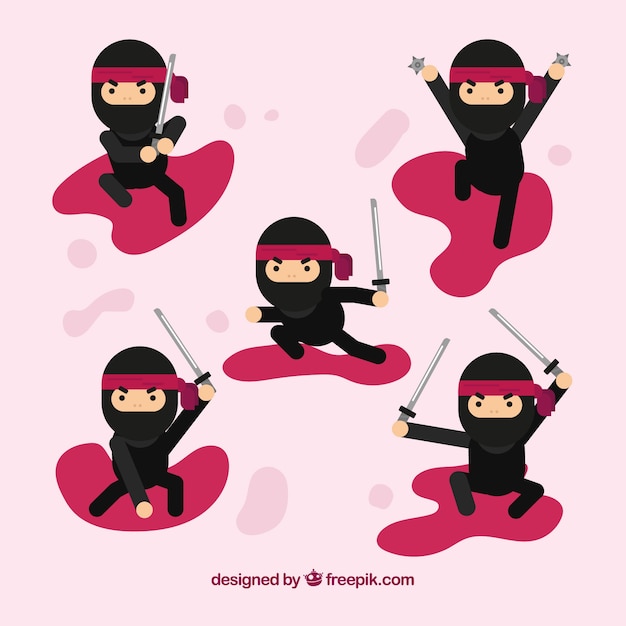 Free vector ninja character in different poses