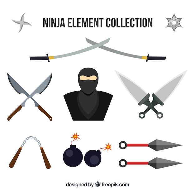 Collezione di elementi ninja con design piatto