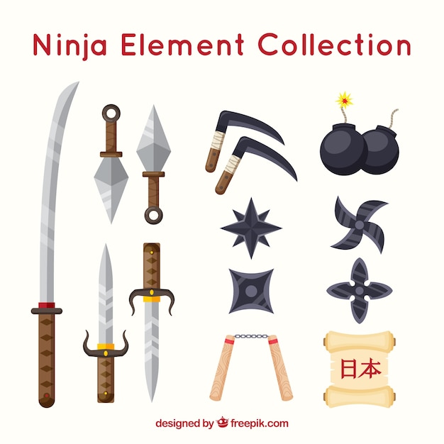 Collezione di elementi ninja con design piatto