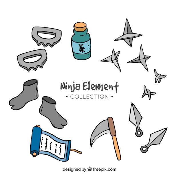 Ninja elements collection in hand drawn style