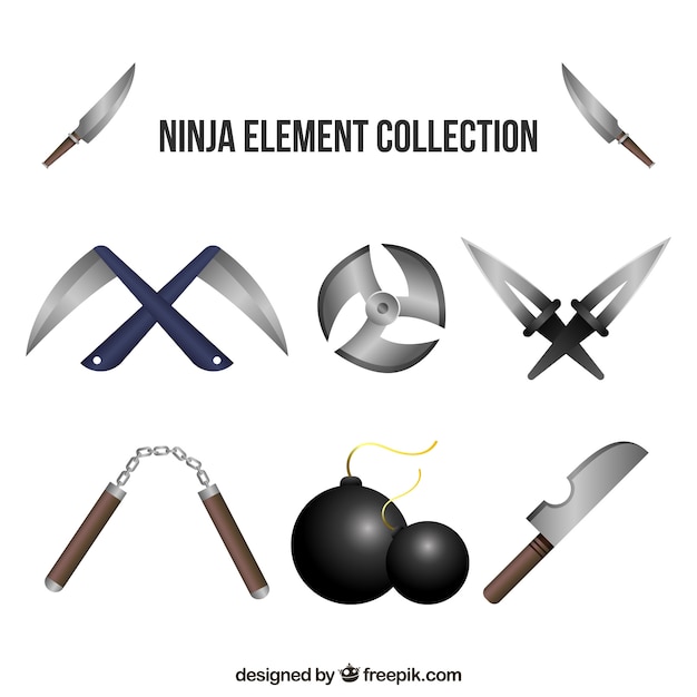 Коллекция элементов ниндзя в реалистичном стиле