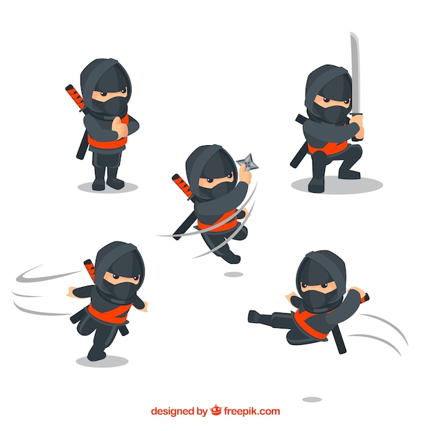 Vettore gratuito collezione di personaggi ninja guerriero con design piatto