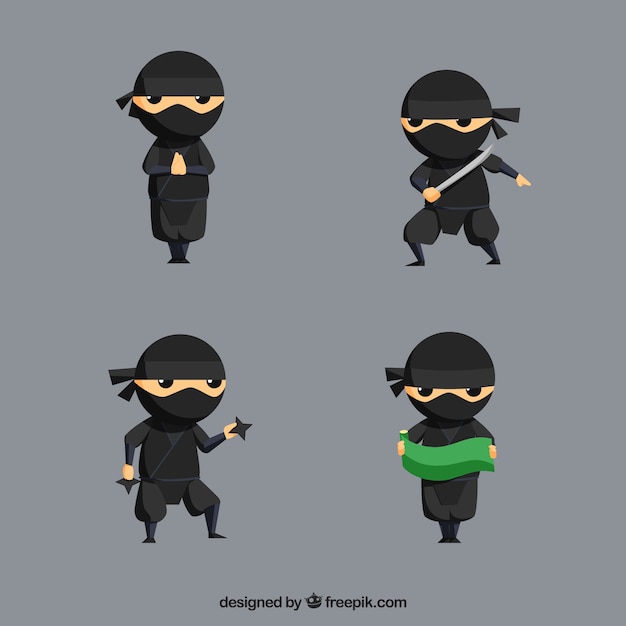 Vettore gratuito guerriero ninja in diverse pose con design piatto