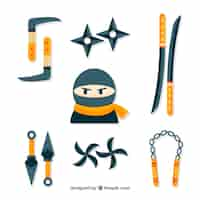 Vettore gratuito collezione di elementi guerrieri ninja con design piatto