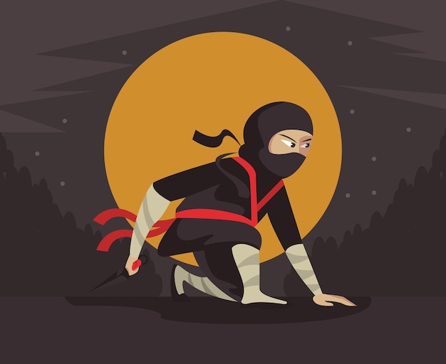 Vettore gratuito guerriero ninja con la luna