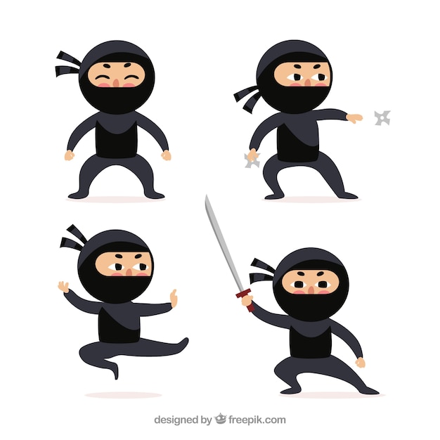 Vettore gratuito collezione di personaggi ninjas con diverse pose