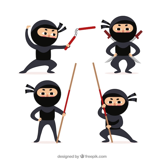 Collezione di personaggi ninjas con diverse pose