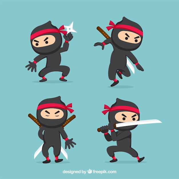 Vettore gratuito collezione di personaggi ninjas con diverse pose