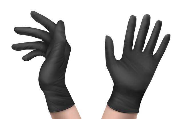 Nitrile gloves on hand front and side view. Black rubber disposable latex personal protective equipment for health or laboratory workers isolated on white background, Realistic 3d illustration