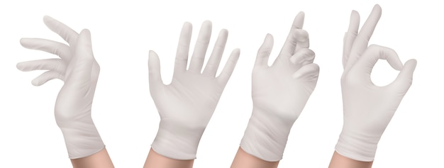 Nitrile gloves on hand front and side view. White rubber disposable latex personal protective equipment for health or laboratory workers, palm gesturing show ok, Realistic 3d illustration, set