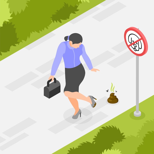Бесплатное векторное изображение Изометрический фон без домашних животных с женщиной, чья нога наступает на собачьи какашки на векторной иллюстрации тротуара