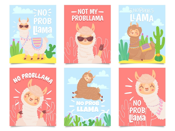 Free Vector no prob llama posters. cute llamas have no problems greeting cards, beautiful wildlife animals