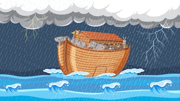 無料ベクター ノア39の箱舟、豪雨の中の大きな木造船