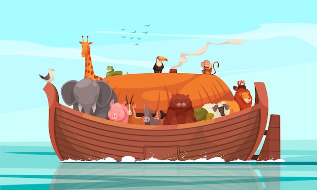 Free vector noahs ark full of animals floating on sea to mount ararat cartoon vector illustration