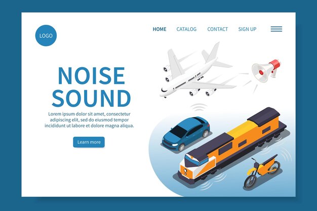 Free vector noise sound isometric web site with urban and air transport items vector illustration