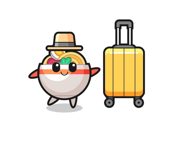 Noodle bowl cartoon illustration with luggage on vacation