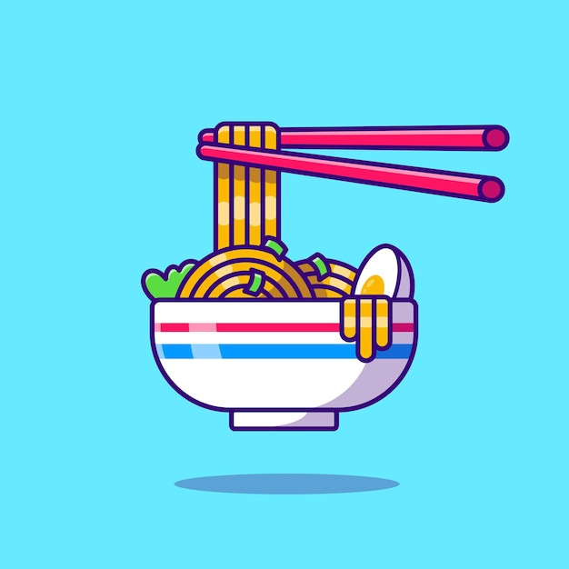 Noodle egg with chopstick cartoon icon illustration.