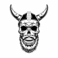 Free vector nordic knight skull in horned helmet vector illustration. monochrome head of scandinavian warrior, viking with beard