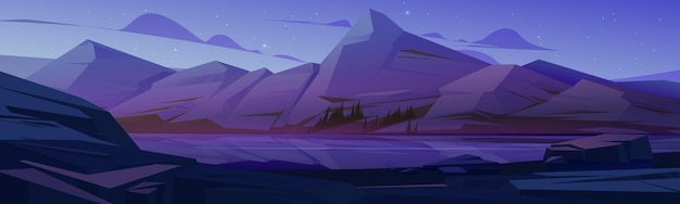 밤에 산과 강이 있는 북유럽 풍경 돌 해안 바위 범위와 물에 반사가 있는 호수가 있는 자연 장면의 벡터 만화 그림