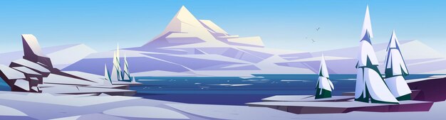 山の雪と海と北欧の風景