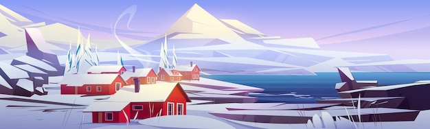 Free vector nordic landscape with white mountains village and lake or sea shore vector cartoon illustration of scandinavian nature scene with snow rocks fir trees and red houses with smoke from chimney