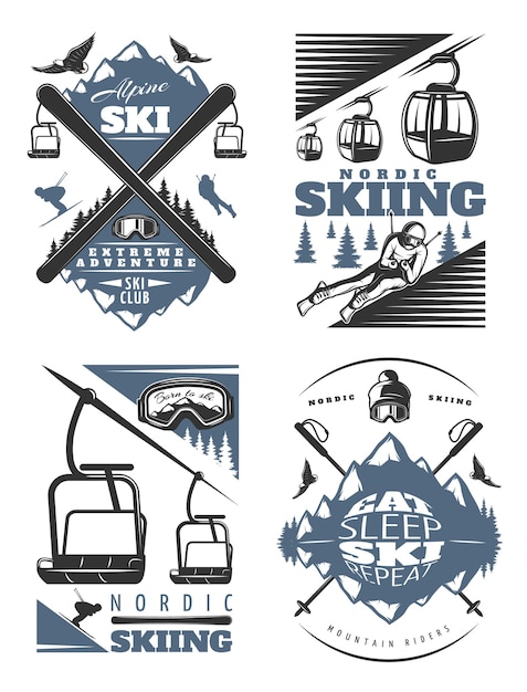 Nordic skiing illustration set