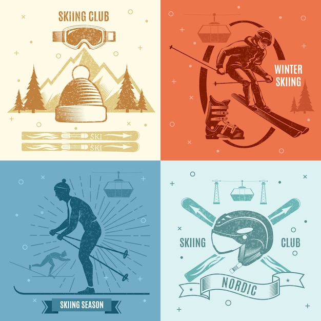 Nordic Skiing Retro Style Illustrations