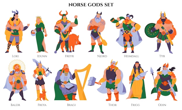 무료 벡터 빈 배경 벡터 삽화에 텍스트가 있는 신화적인 신들의 고립된 만화 스타일 캐릭터로 설정된 노르웨이 신들