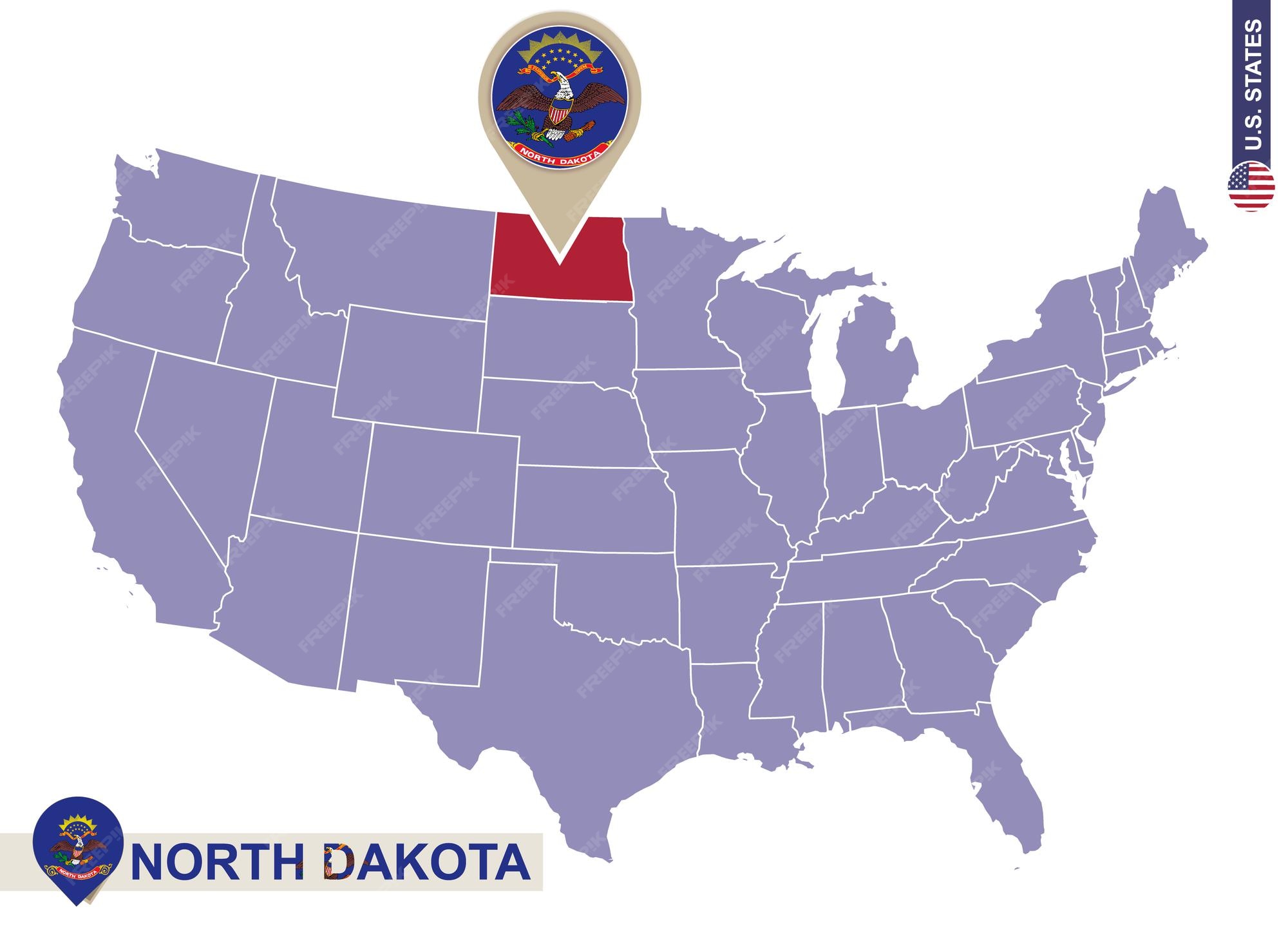 North Dakota On Map Of Us Premium Vector | North Dakota State On Usa Map. North Dakota Flag And Map.  Us States.